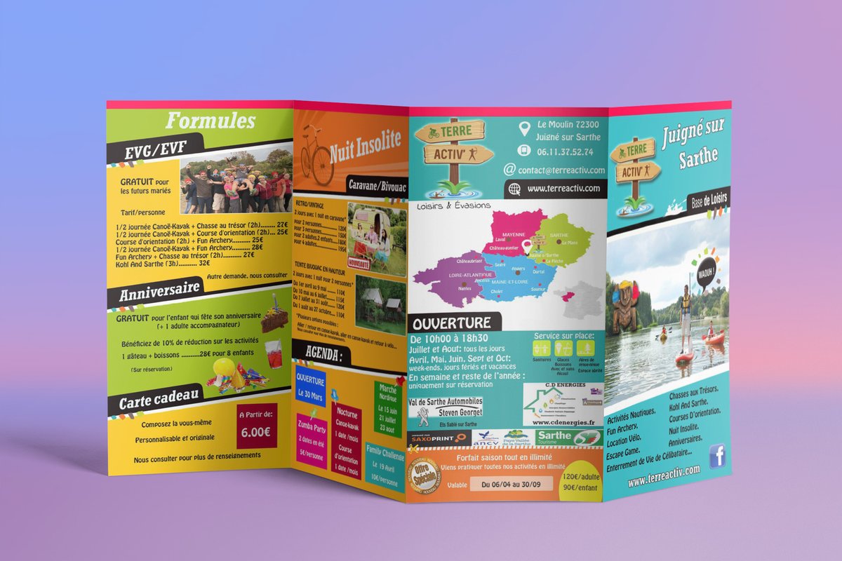 Este #folletos gustarle a todos los amantes de las actividades al aire libre porque en el complejo recreativo «Terre Activ'» puedes vivir grandes aventuras. Desde bicicleta, canoa y tiro con arco hasta curso de orientación o búsqueda del tesoro lo pasarás genial. #SAXOPRINThero