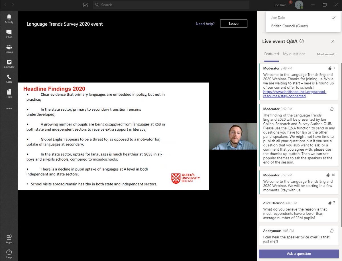 joedale's tweet photo. Watching The @BritishCouncil webinar with Ian Collen 
@Weltmeister83 discussing the result of the Language Trends Survey 2020. Register here https://t.co/z2sympzew9 #mfltwitterati https://t.co/kmC5IW3UxD