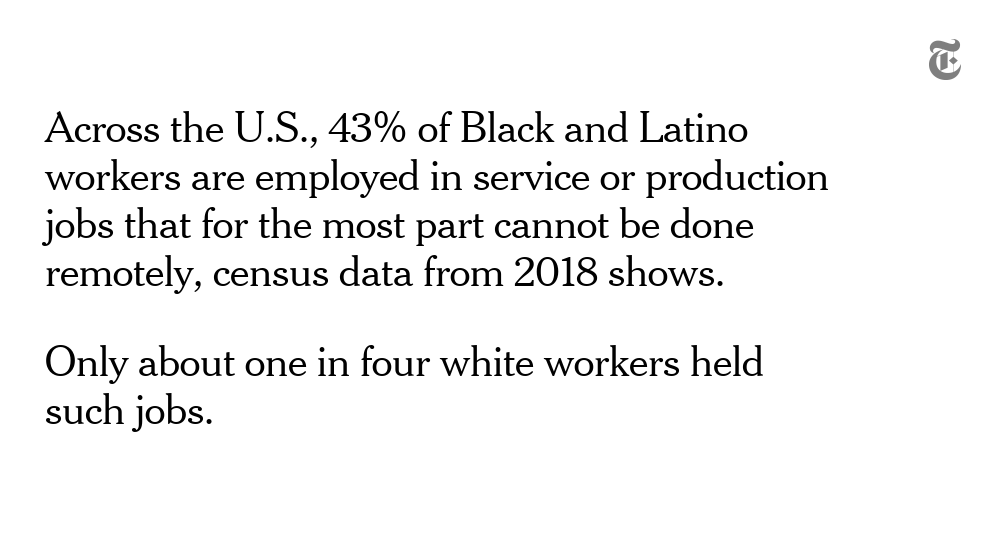 The data does not include information on how a person might have become infected.But experts point to circumstances that make Black and Latino people more likely than white people to be exposed to the virus, including the fact that many work jobs that can't be done from home.
