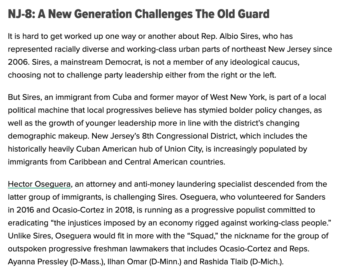 3) Finally, there's  @Oseguera2020's long-shot bid to unseat  @RepSires in NJ-8. As  @akela_lacy &  @ryangrim reported, Oseguera outsmarted the machine in an arcane ballot placement fight. He represents younger Latinos in the area who are less likely to be Cuban. (Fmr. Menendez seat)