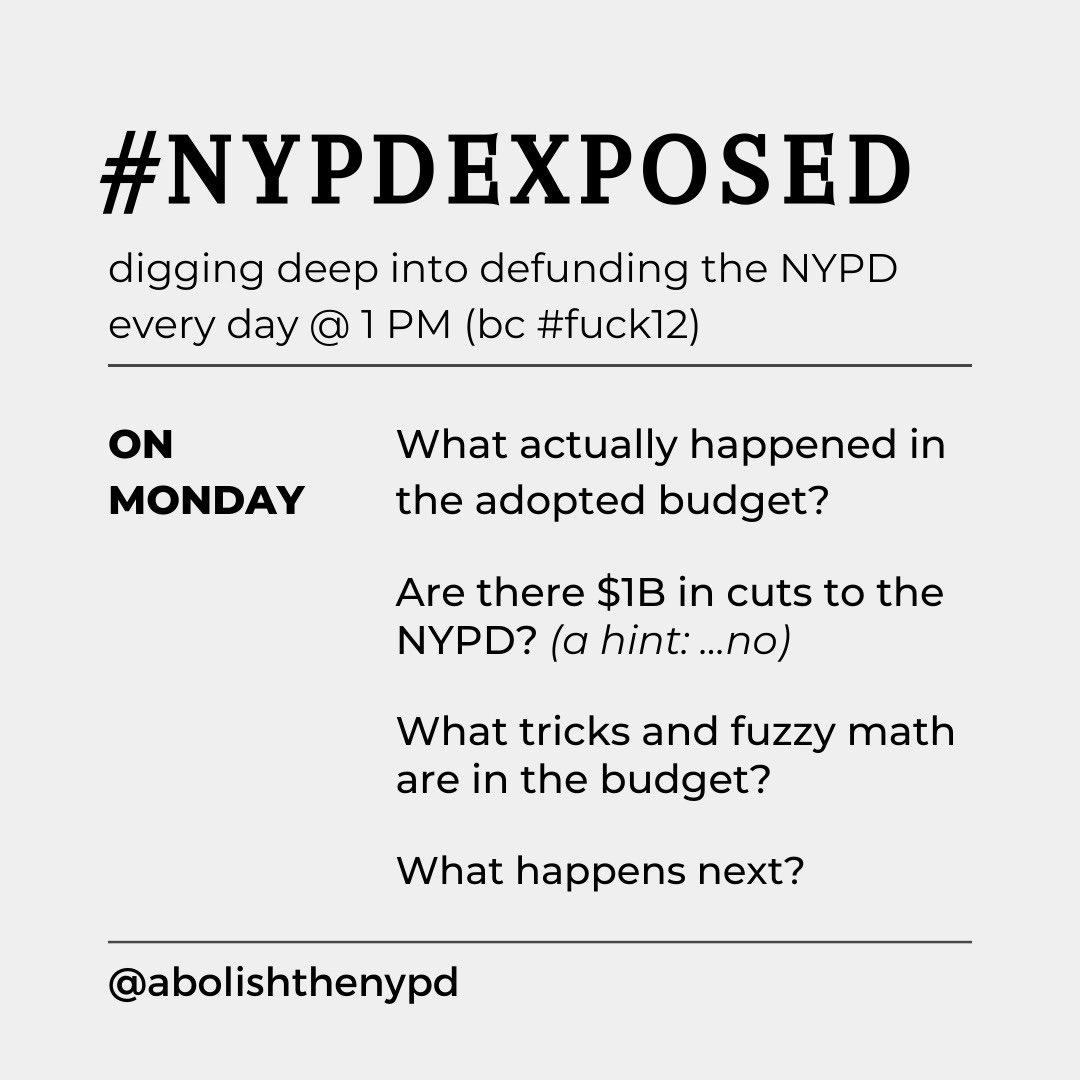 Today at 1 pm, join us on #NYPDExposed to talk about the #FakeNYPDCuts and what it all really means. Ask questions, share ideas and info on #NYPDbudget, and get ready to keep fighting to #DefundtheNYPD