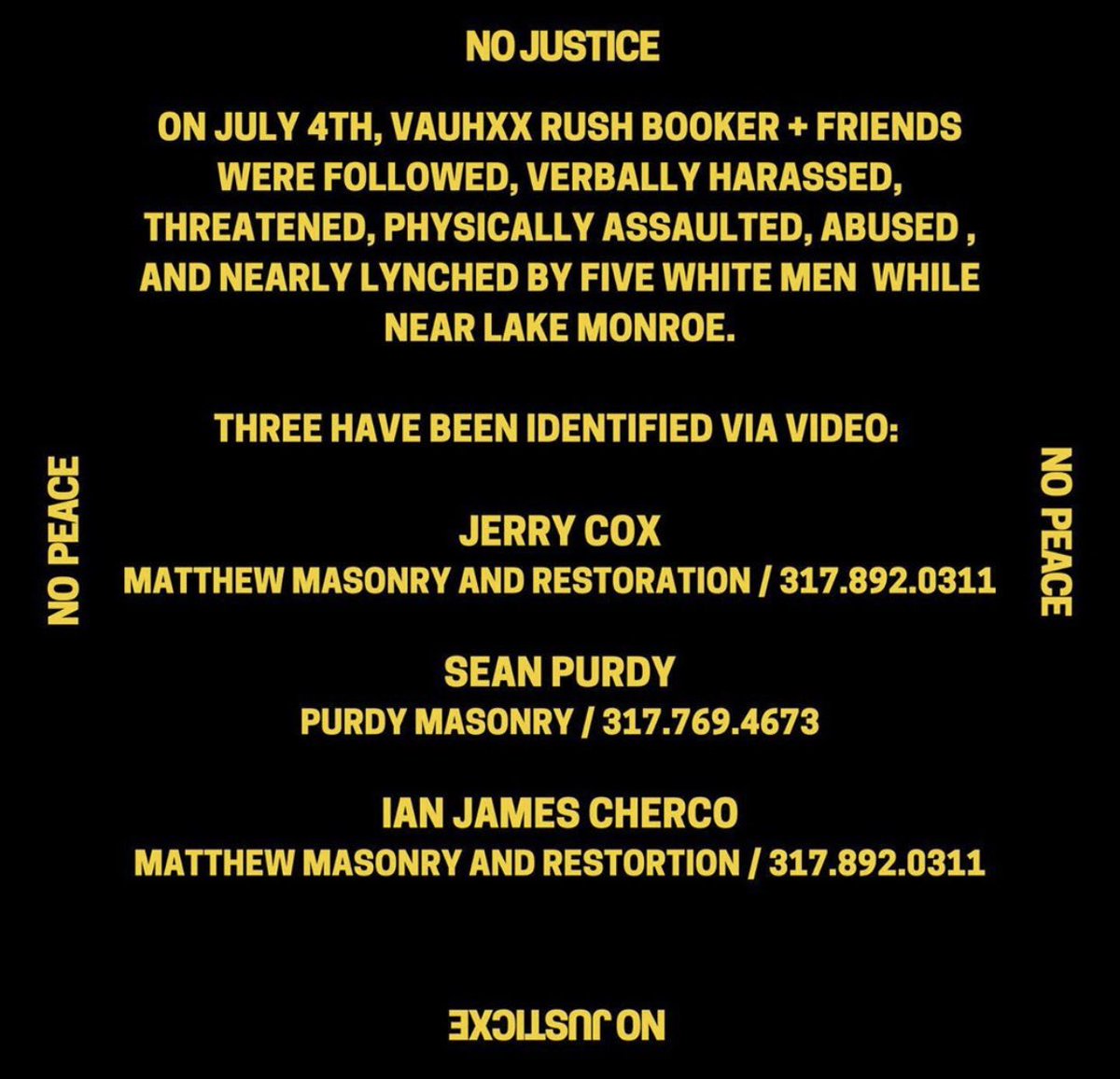 take a moment today to demand justice for vauhxx rush booker, a black man nearly lynched this week in bloomington, indiana. it’s a miracle he’s alive. we need to demand the arrests of these heinously racist and violent men before they strike again. more info below