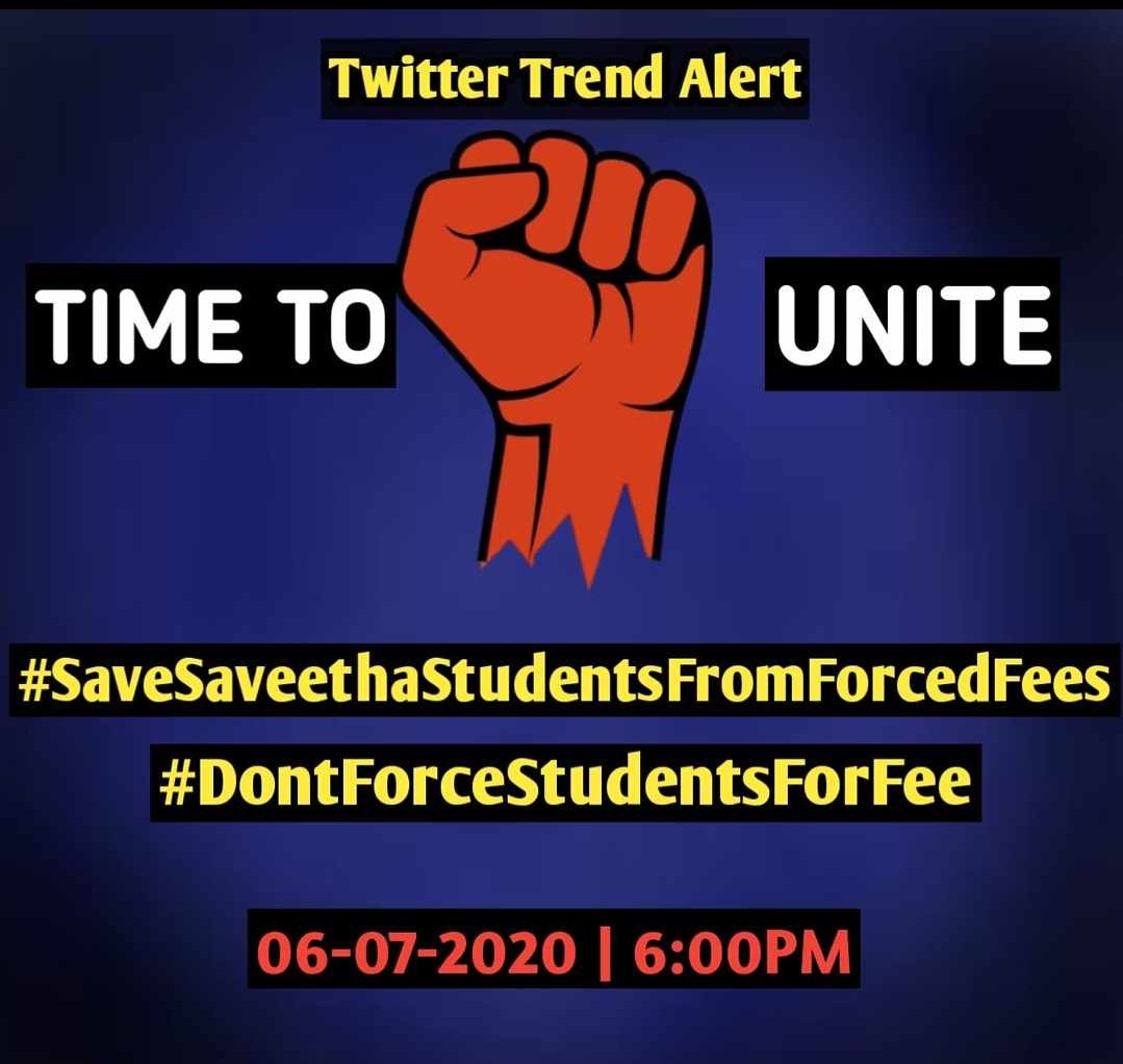 NaveenS37333964's tweet photo. #SaveSaveethaStudentsFromForcedCollegeFees
#savesaveethastudentsfromforcedfees https://t.co/x8cz5cmvJx