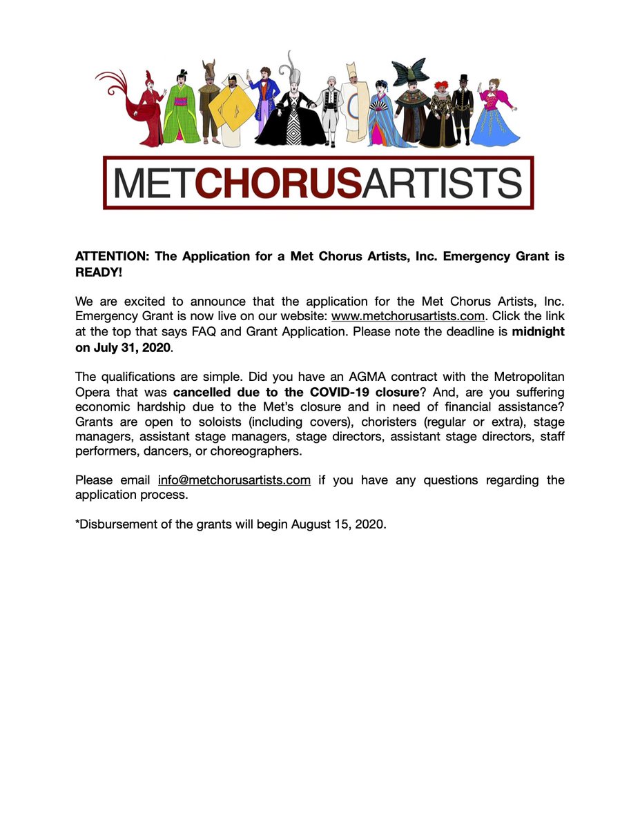 MetOperaChorus's tweet photo. Attention @metopera artists: We’re excited to announce that the application for the MCA Emergency Grant is now live! Did you have an @AGMusicalArtist contract with the Met that was cancelled due to the COVID-19 closure? FAQ & application at our website in bio. #MetOperaFamily https://t.co/oic2gBHAnc