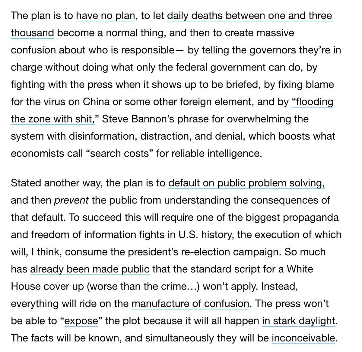 pomeranian99's tweet photo. On May 4, @jayrosen_nyu posted a precise, terse take on the White House strategy for COVID-19: "The plan is to have no plan" and force the public to grow numb: https://t.co/6lSgwkix2f

Today, a @washingtonpost story reports that this is indeed the thinking https://t.co/ZhgVrXe7GV https://t.co/sulUus1t5P