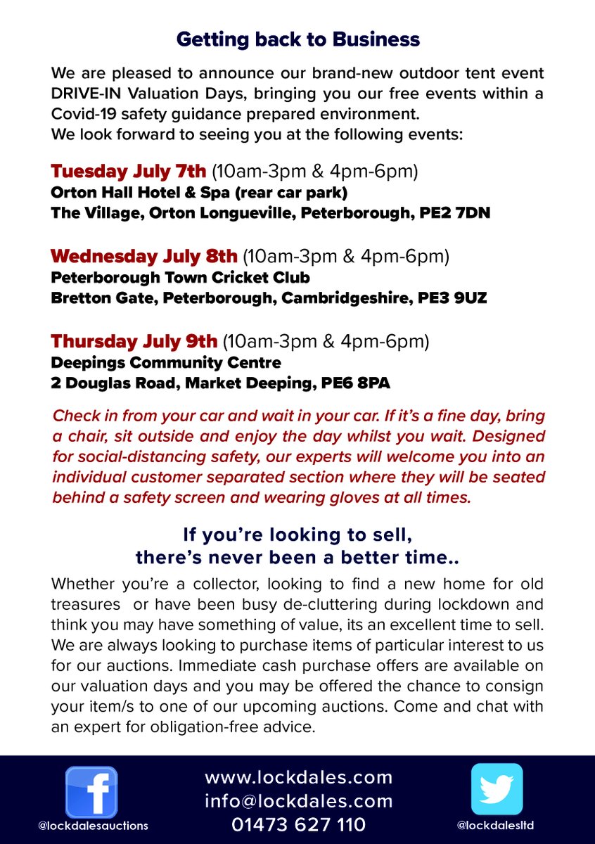 LockdalesLtd's tweet photo. We'll be holding our our first Drive-In Valuation Event tomorrow and Wednesday in #Peterborough, and Thursday we'll be visiting #MarketDeeping! Check out the flyers below for more information:
#Lockdales #valuation #antiques #collectables https://t.co/rDGBUobdaK
