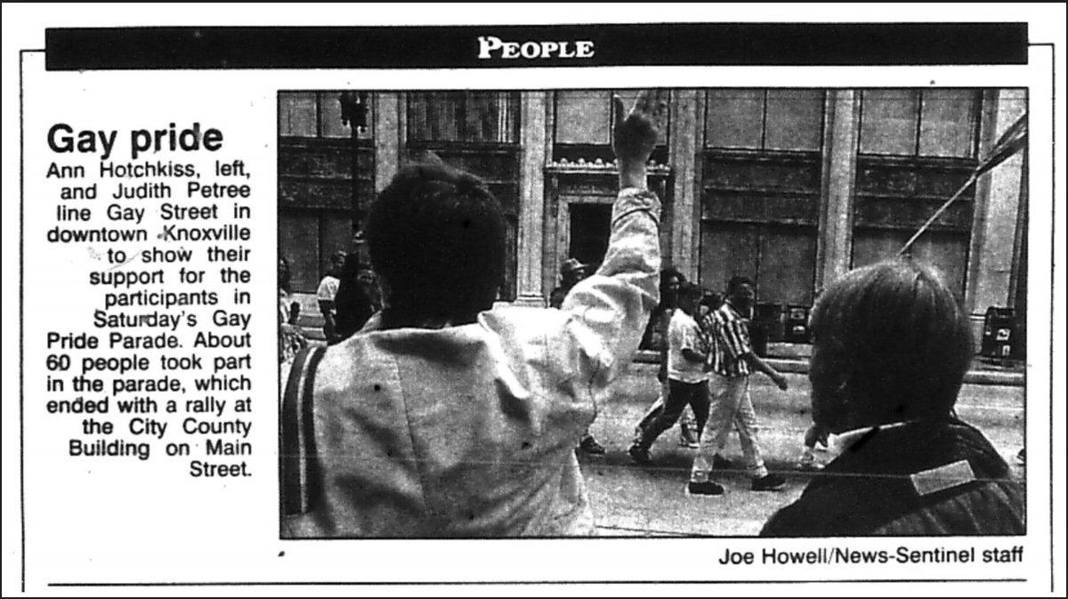 VoicesOutLoudTN's tweet photo. "Anne Hotchkiss, left, and Judith Petree line Gay Street in downtown Knoxville to show their support for the participants in Saturday's Gay Pride Parade." From our history of #knoxpride collection, 1997. https://t.co/5XN0DLn1z2