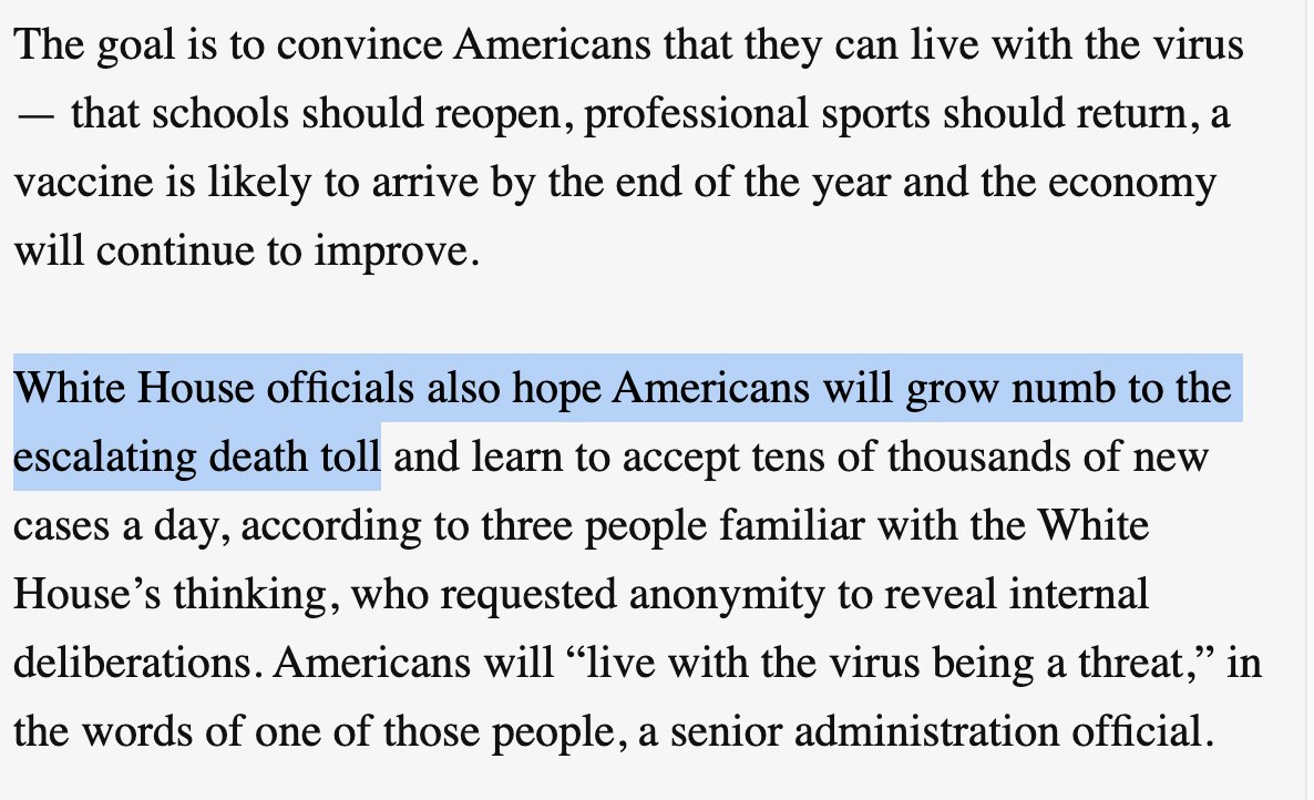 pomeranian99's tweet photo. On May 4, @jayrosen_nyu posted a precise, terse take on the White House strategy for COVID-19: "The plan is to have no plan" and force the public to grow numb: https://t.co/6lSgwkix2f

Today, a @washingtonpost story reports that this is indeed the thinking https://t.co/ZhgVrXe7GV https://t.co/sulUus1t5P