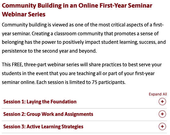 Register today @ bit.ly/commbuild20 for FREE 3-part webinar series on Community Building in Online First-Year Seminars hosted by <a href="/NRCFYESIT/">NRC FYE & SIT</a> 

Laying the Foundation
July 15, 1-2 pm EST
Group Work &amp; Assignments
July 22, 1-2 pm EST
Active Learning Strategies
July 29, 1-2 pm EST