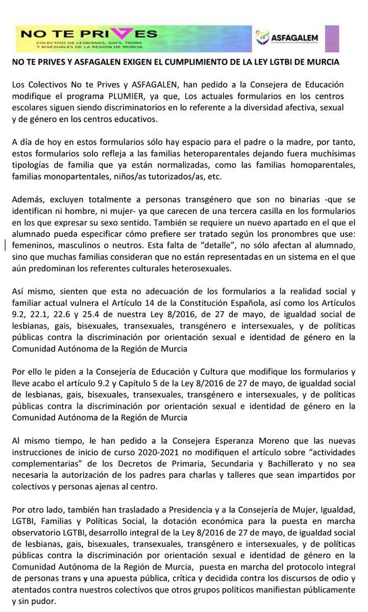 asfagalem's tweet photo. Seguimos exigiendo el desarrollo y cumplimiento de la ley 8/2016 de igualdad LGTBI
A día de hoy 15 años después del matrimonio igualitario y 4 años después de nuestra ley LGTBI la consejería de Educación sigue excluyéndonos en su programa PLUMIER. https://t.co/xEzDMQyVVC