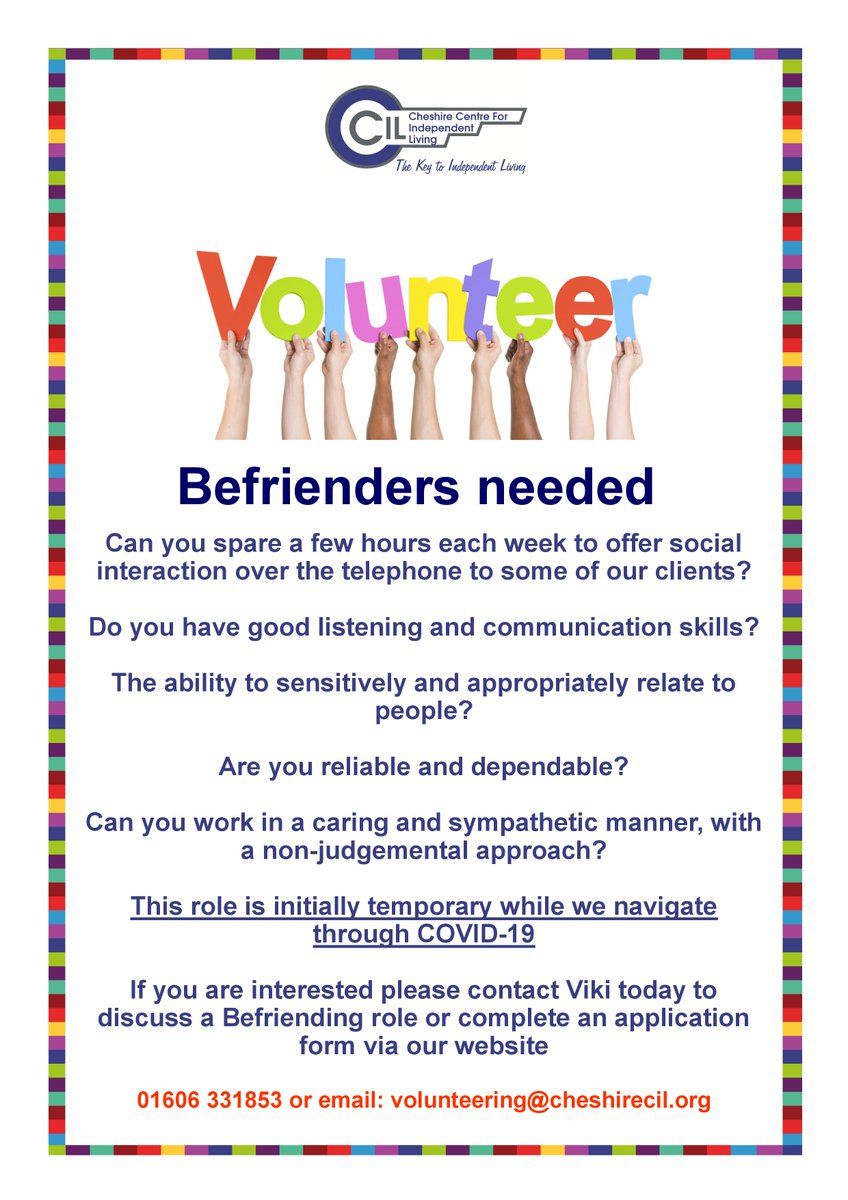 Can you spare a few hours each week? ✔️
Are you a good communicator? ✔️
A good listening ear? ✔️
Reliable and dependable? ✔️

You do? 
We need you for our befriending service 🙏

#befriending
#volunteers 
#communication 
#endloneliness 
#nooneleftbehind