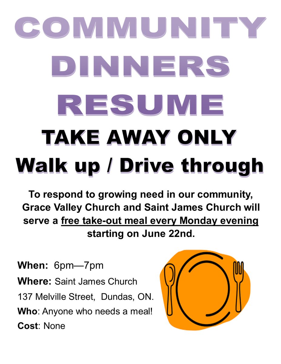 Mondays 6pm at Saint James Church- a free take out meal for anyone who needs it. #communitymatters #foodbank
#communitydinner #HamOnt #Dundas #helpinghand