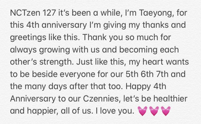 alientyong's tweet photo. taeyong’s message for nct 127’s 4th anniversary 🥺💓 https://t.co/GeosYOag9q