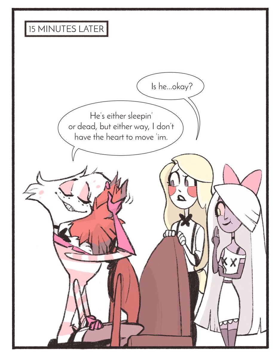 6k followers art request for @stalestcheeto , who requested Angel petting Alastor's ears!

#HazbinHotelFanart #radiodust