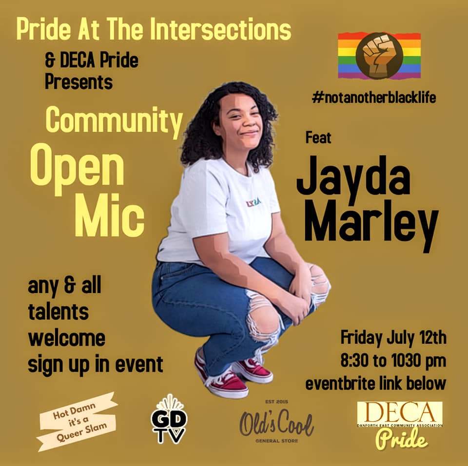 LanrickBennett's tweet photo. Pride at the Intersections, featuring #JaydaMarley Sunday, July 12 from 8.30pm โ 10.30pm EDT Online Event via Hot Damn It's A Queer Slam, DECA Pride - LGBTQ+ Group for Danforth East and Old's Cool General Store #notanotherblacklife #PrideTO #EastEndLove https://t.co/zZPeB27nVA https://t.co/gUcSQUOZBG