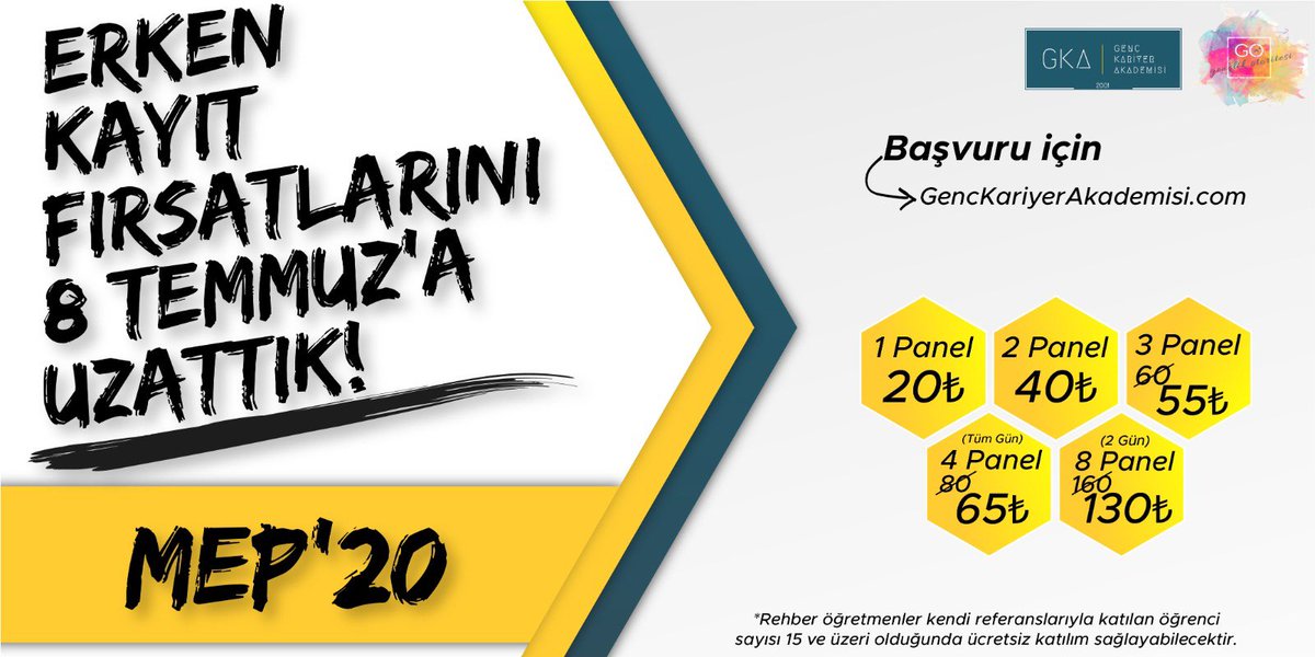 GencKariyerAkd's tweet photo. Erken kayıt fırsatlarını sizin için 8 Temmuz'a uzattık! 
İlginiz için teşekkürler

25-26 Temmuz'da görüşmez üzere...

#kariyer #mesleksecimi #kariyergelisimi #meslek #BirİnsanBirMeslek #MEP20 https://t.co/eHPDYBIMYN