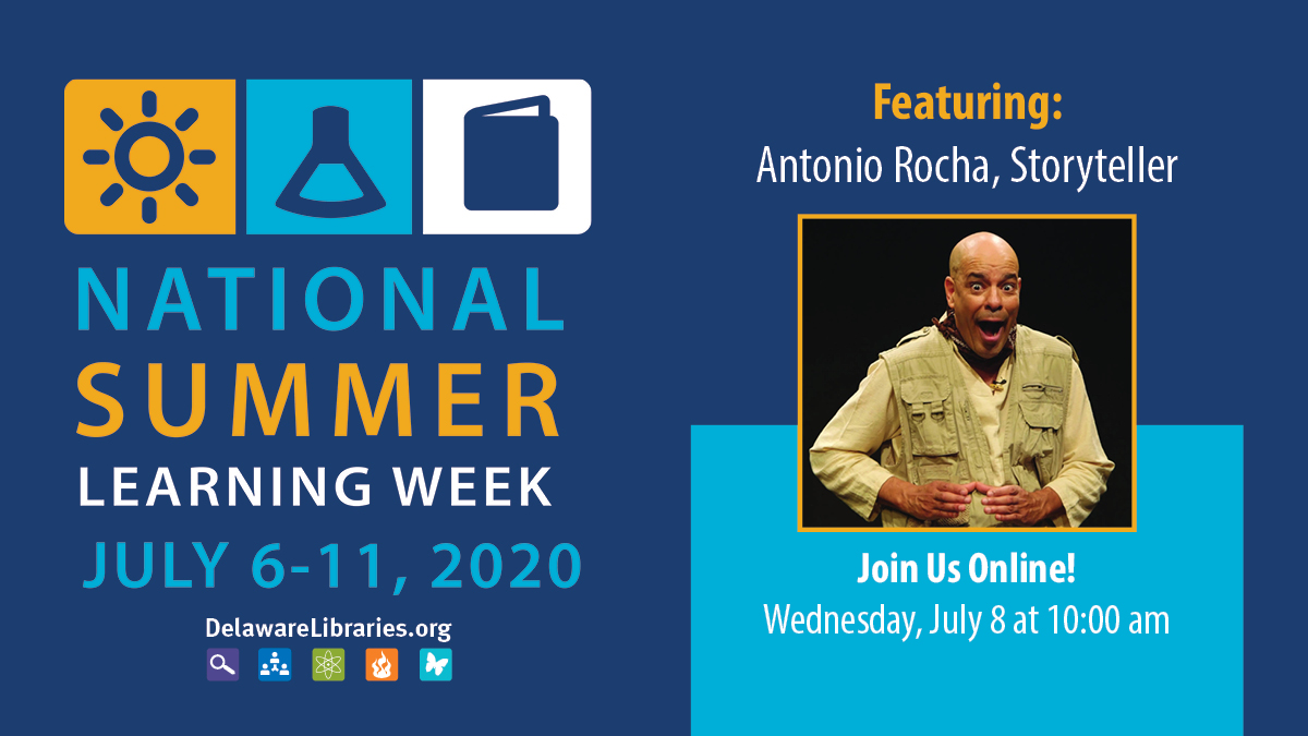 DELibraries's tweet photo. It's National @summerlearning Week! Celebrate by signing up for the Summer Library Reading Program online. Join us Wed. July 8 at 10am, for featured storyteller, Antonio Rocha, online! #summerlearningweek #netde @UnitedWayDE #getdelawarereading https://t.co/uFGlCNEBAD