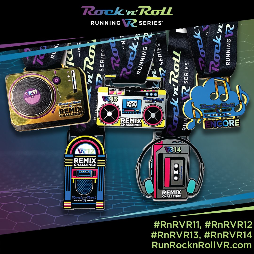 RunRocknRoll's tweet photo. Pump up the jams! #RnRVR11 and your next Remix Challenge series are back this weekend! 👟 

Join the fun on your run for the #RnRVR11 8K, 15K, or Remix Challenge with both. Don't forget to check out the rocking' new bling you can reward your accomplishments with! 🎶🏅 https://t.co/I1zMtthi5c