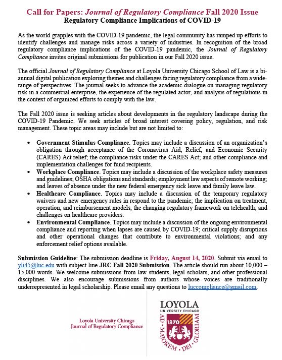 LUCCompliance's tweet photo. In recognition of the broad regulatory compliance implications of the COVID-19 pandemic, the Journal of Regulatory Compliance invites original submissions for publication in our Fall 2020 issue. #LUCLaw #LUCCompliance #JRC https://t.co/mvHW99yyLs