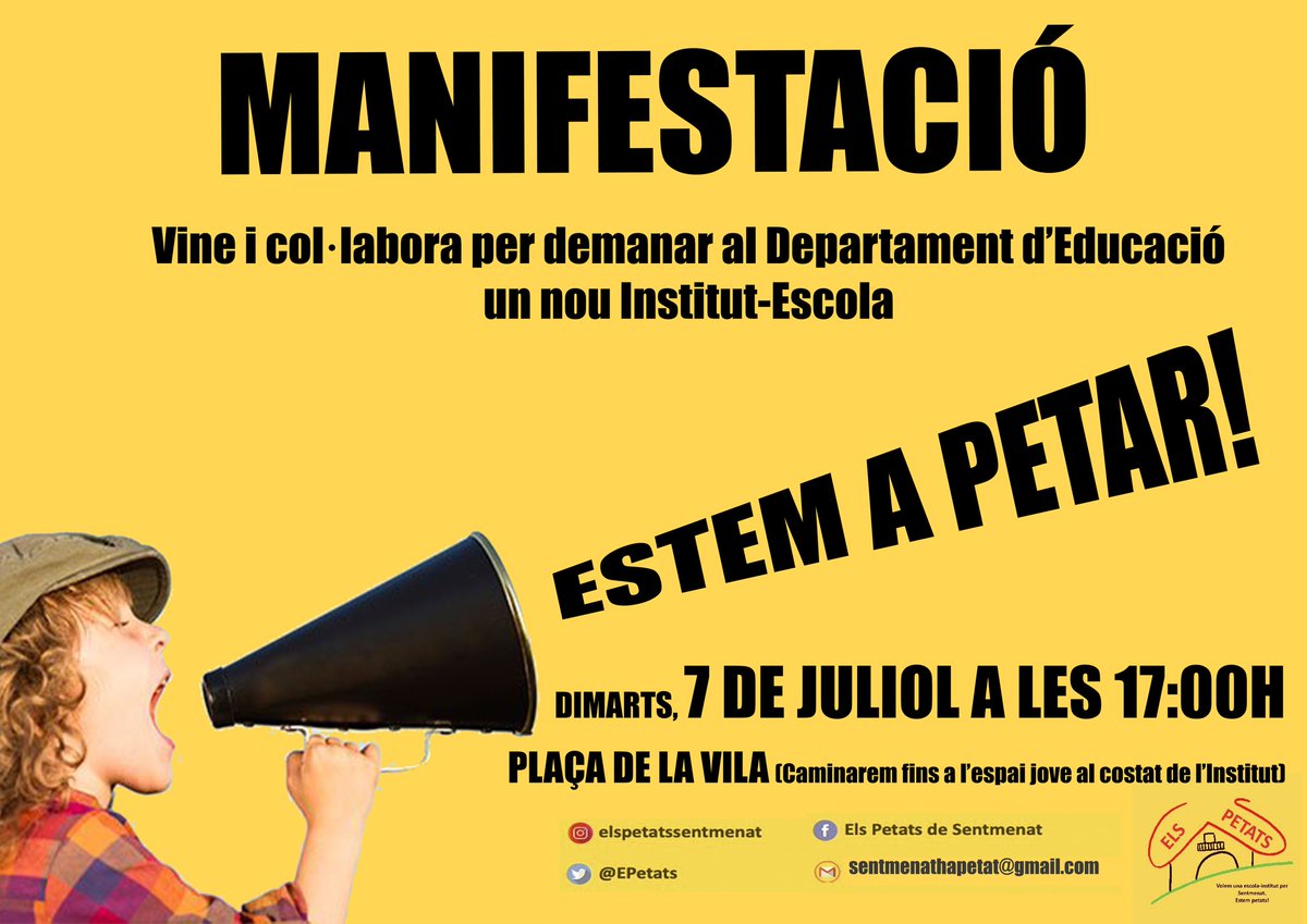 Demà dimarts a les 17hores. És el gran dia! Tothom a la manifestació! És molt important la vostra assistència. Totes i tots sumem. Només una xifra: Polinyà mateix número d'habitants 3 escoles públiques mig buides; Sentmenat una i a petar! Ja n'hi ha prou! Institut- escola ja!