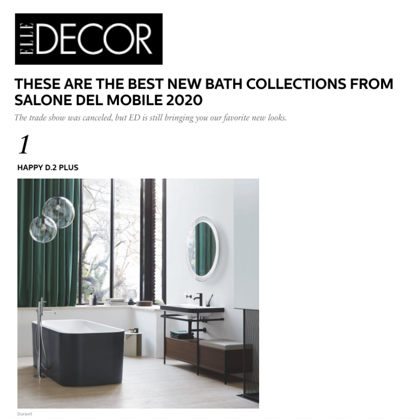 Duravit's tweet photo. We certainly missed the in-person experience of #salonedelmobile this year, but a big thank you to @ELLEDECOR for including #HappyD2Plus additions in its Best Bathroom Collections / Virtual Salone del Mobile 2020 roundup! https://t.co/cLcPBLNJb0 #siegerdesign #launch https://t.co/YhYGfZxFEq