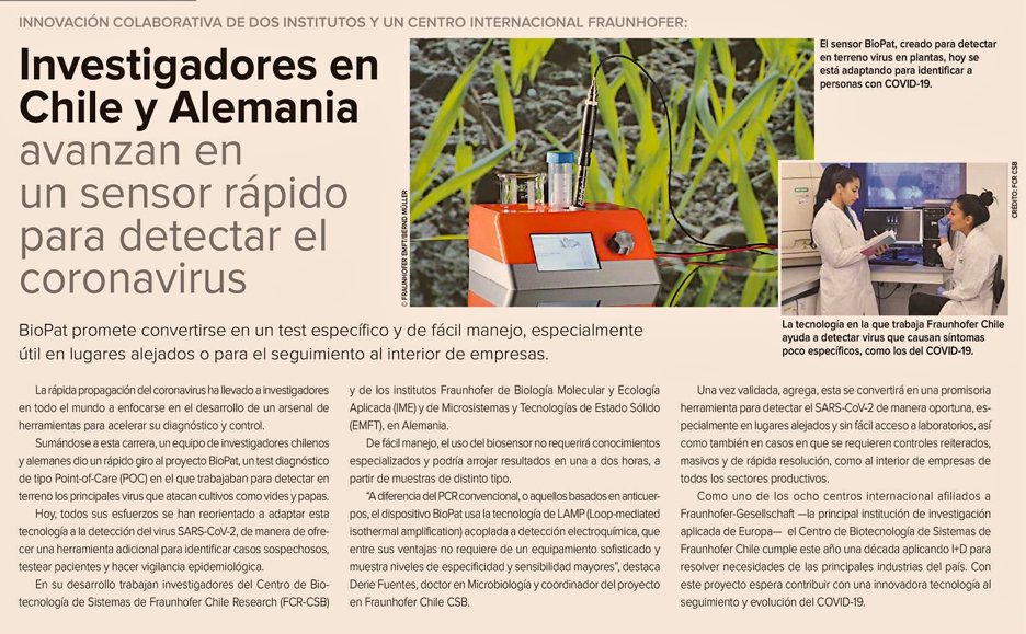 FraunhoferChile's tweet photo. 👨🏻‍🔬🇨🇱 🇩🇪 En Chile y Alemania investigadores de Fraunhofer avanzan en un sensor rápido para detectar el #coronavirus. #BioPat promete convertirse en un test específico, rápido y de fácil manejo, útil en lugares alejados o para el seguimiento en empresas https://t.co/4L2PZvwb1G https://t.co/1dNTJ6KGAf