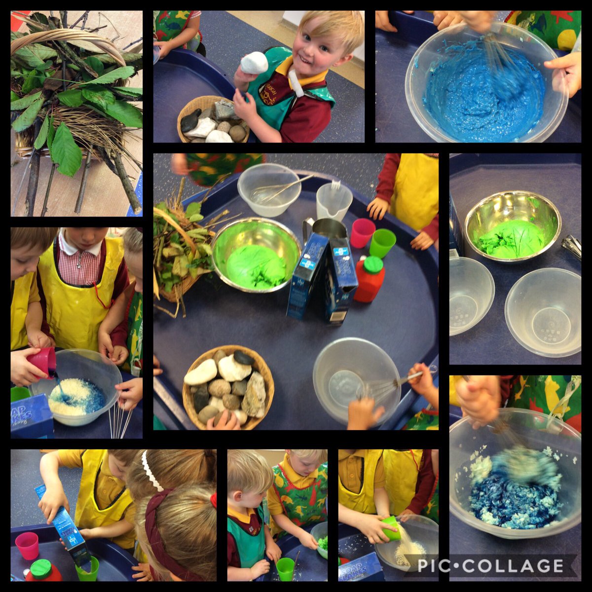 FRISBumblebees's tweet photo. Dinosaur land. We found lots in the garden and used soap flakes, with food colouring to make the swampy land and river. https://t.co/6IOggXOK3m