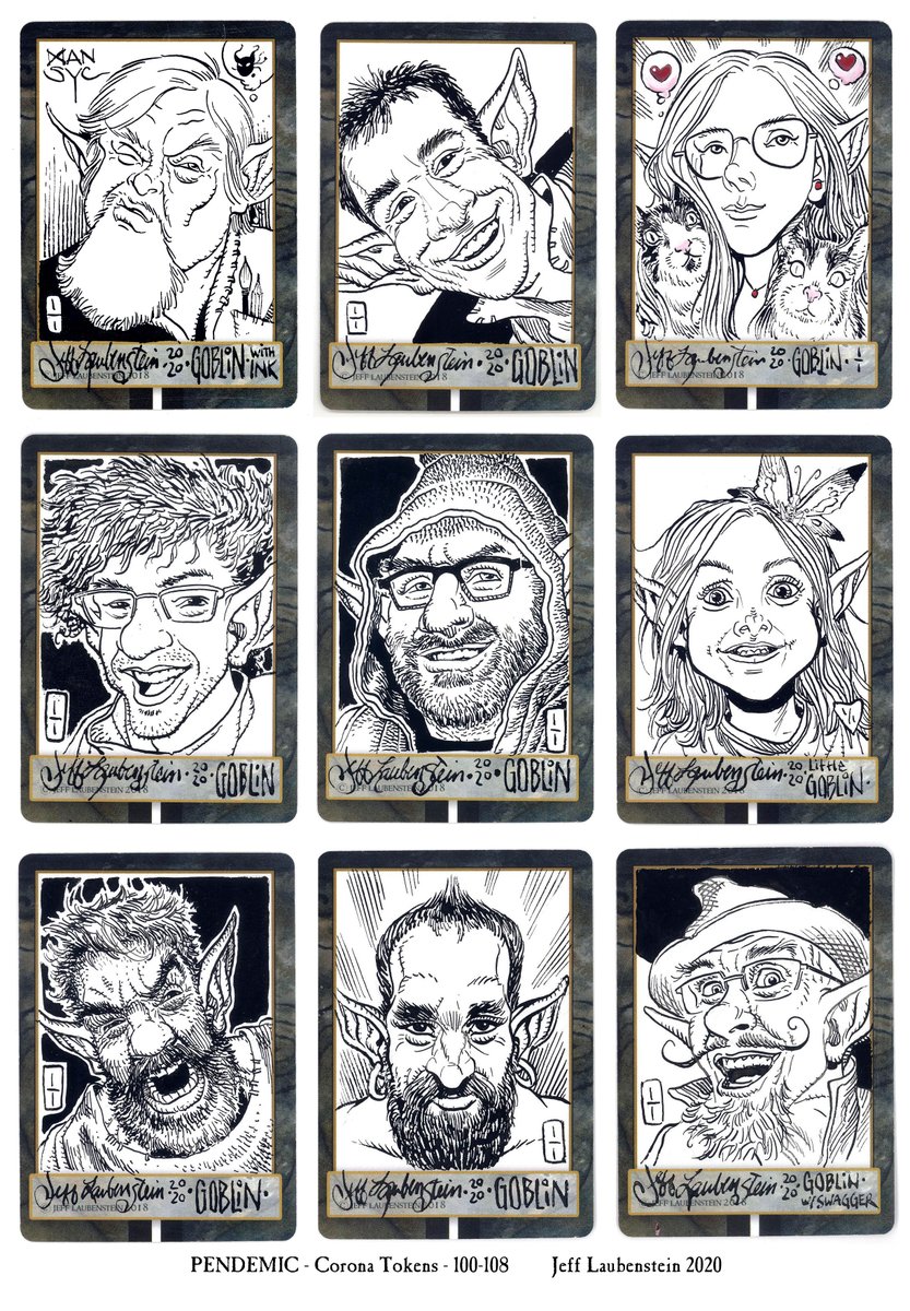 IllustratorJeff's tweet photo. Over the weekend, #CoronaToken #100-108 were completed. I group them 9 at a time & then monthly. Here's the latest batch. If you are in the group, thanks for joining in. #MtgCustomtokens #mtgGOBLINtoken #illustrationart #illustration #workathome #MTG #GOBLIN #CFB #StarCityGames https://t.co/wi62H3NXrk