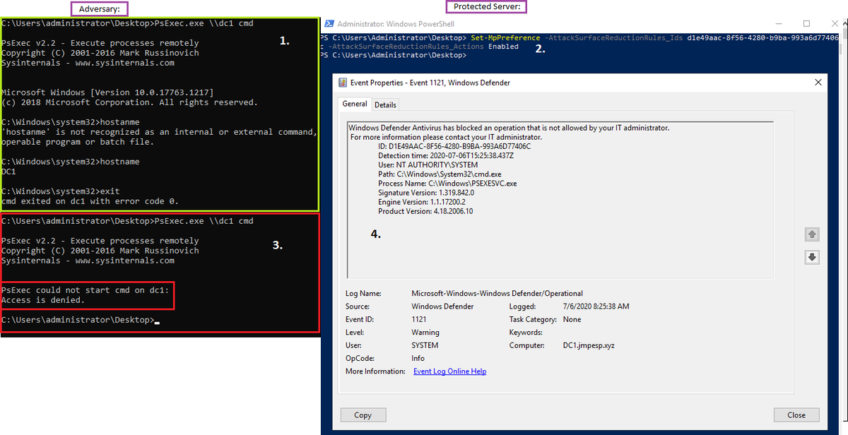 duff22b's tweet photo. Stop some of the most common SMB based lateral movement techniques dead in their tracks: 

"Set-MpPreference -AttackSurfaceReductionRules_Ids d1e49aac-8f56-4280-b9ba-993a6d77406c -AttackSurfaceReductionRules_Actions Enabled"

https://t.co/OlT4dJSuPV

#BlueTeam #RedTeam https://t.co/cjGEwKBkvI