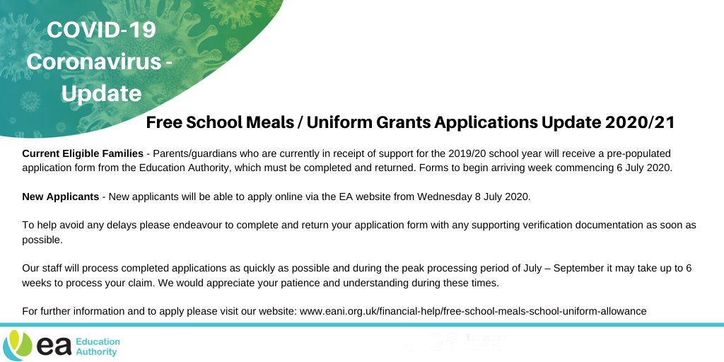 EA update relating to free school meals / uniform grant applications 2020/21.