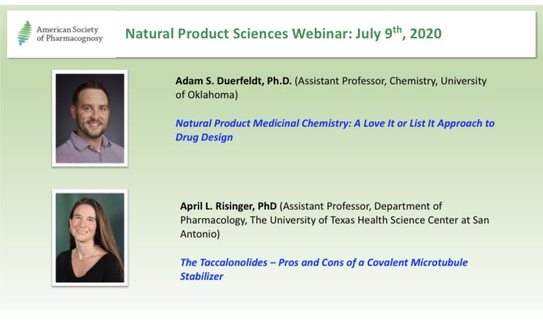 LoesgenLab's tweet photo. Join us this week Thursday, 4pm EST for #ASPwebinars with Profs April Risinger and Adam Duerfeldt. #NaturalProducts @pharmacognosy https://t.co/iE9NjeBLZ5