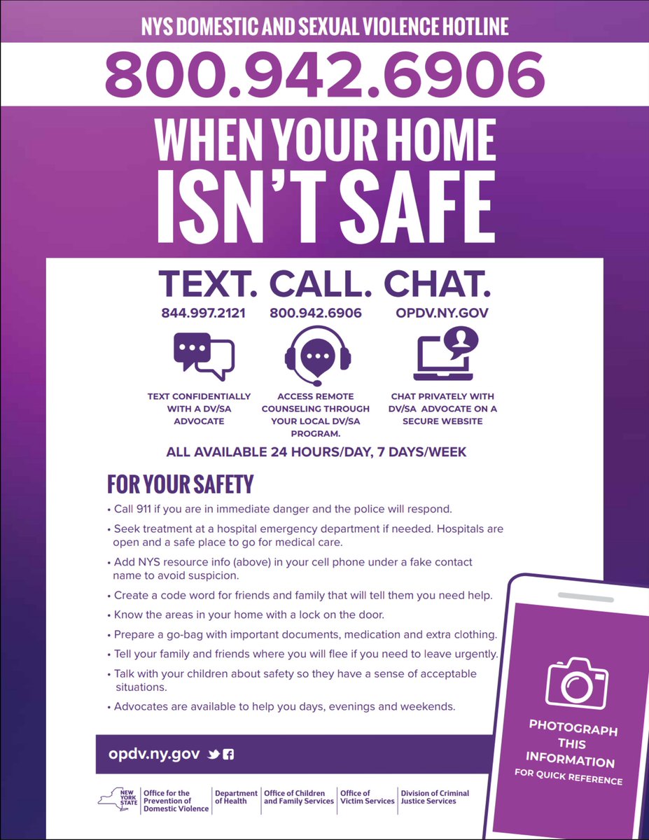 Preventionfocus's tweet photo. When your home is not safe, you can text, call or chat with people at the NYS Domestic and sexual violence hotline.
1-800-942-6906
#ScreenshotAndSave https://t.co/HIPqGNgKF0