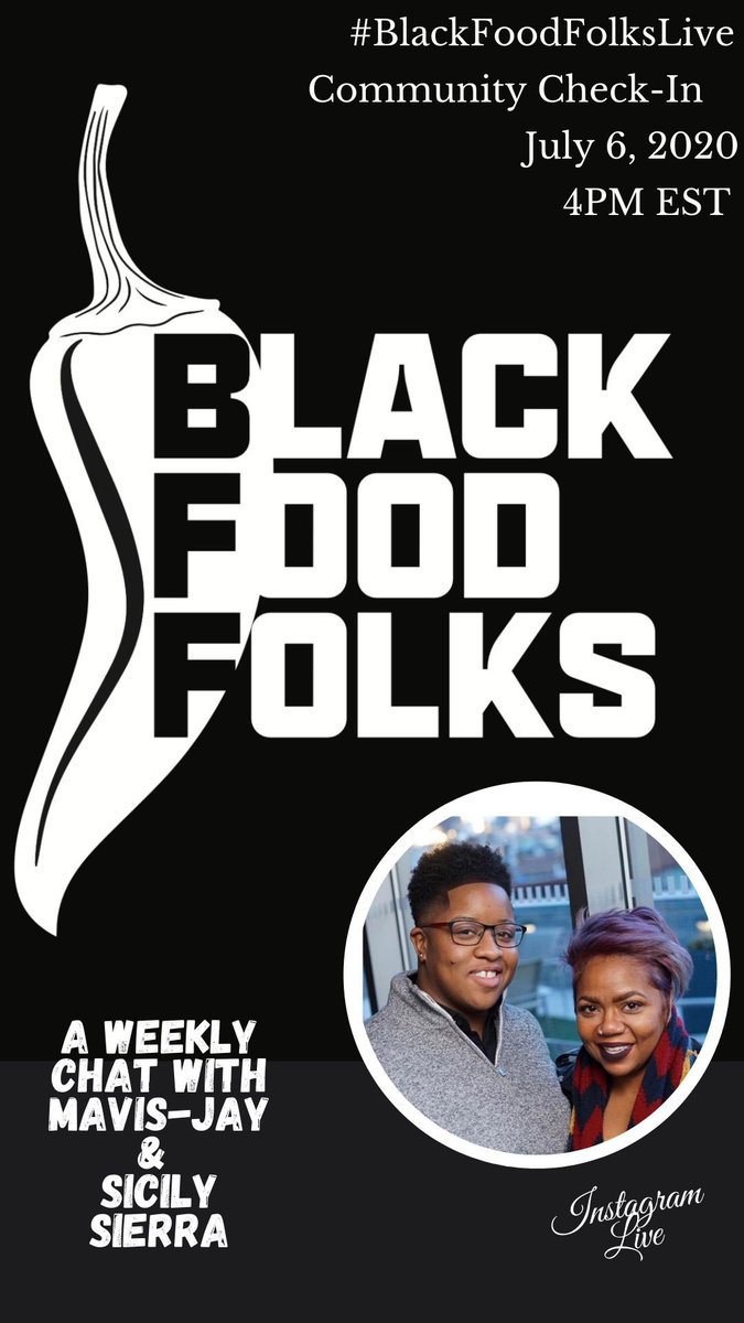 Today on #BlackFoodFolksLive we have Wine Educator &amp; Consultant <a href="/Kells_sss/">Kelly M.</a> of Kelly Mitchell Wine chatting w/ Colleen Vincent at 3pm!                                                       Then at 4pm we have our weekly #CommunityCheckIn with <a href="/ChefMavisJay/">Chef Mavis-Jay</a> &amp; @SicilySierra