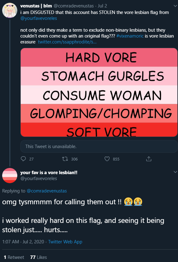 They spam a bunch of posts and on THE SAME DAY their account was made and they post the flag tagging their own account they get a response and play victim. They make a post denying the Vixenamoric Account saying retweet if you have more followers,, both accounts were made at the