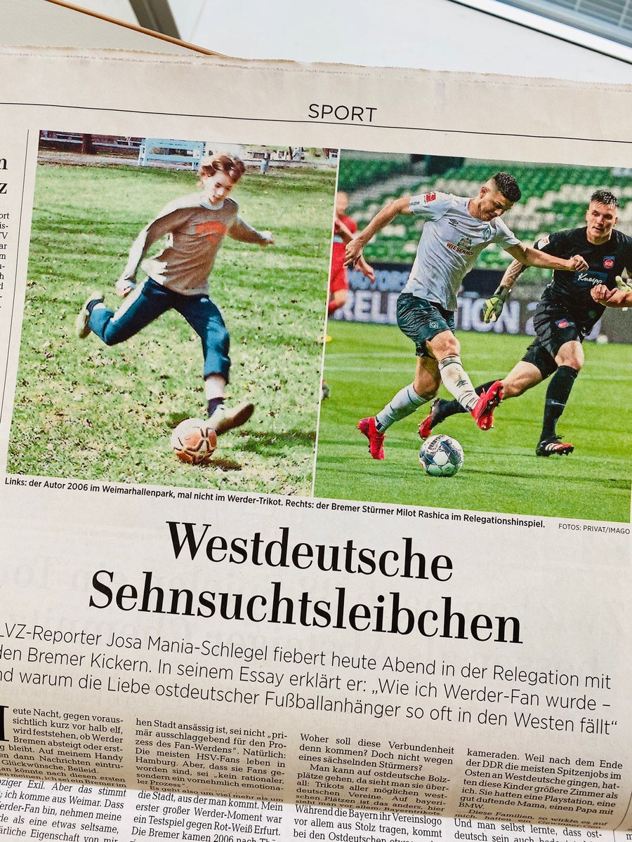 JosaMania's tweet photo. Im @LVZ Sportteil durfte ich heute von meiner seltsamen Liebe zu @werderbremen schreiben - und warum sie mit ostdeutscher Identität zu tun hat.

Die eigentliche News ist aber, dass der Artikel mit Fotos von mir und Milot Rashica in Schusshaltung bebildert ist. Life Goals 😍 https://t.co/FYp9slEU1W