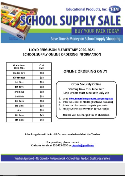 Hi Ferguson Families! Tomorrow is the last day to get your school supply order in. Here is the link listed on the flyer educationalproducts.com/shoppacks/