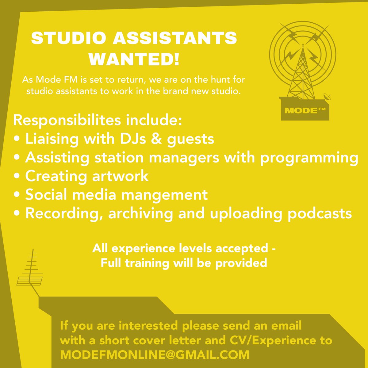 🚨Studio Assistants Wanted🚨  As Mode FM is set to return, we are on the hunt for studio assistants to come and join the family.  If you think you’re right for the role drop us an email at modefmonline@gmail.com and let us know why!