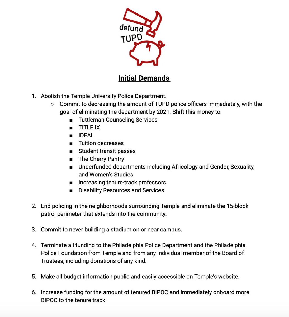 We are students, faculty, alumni, and concerned citizens working to defund the TUPD. Read our initial demands and sign up to join the fight using the link in our bio. #defundTUPD