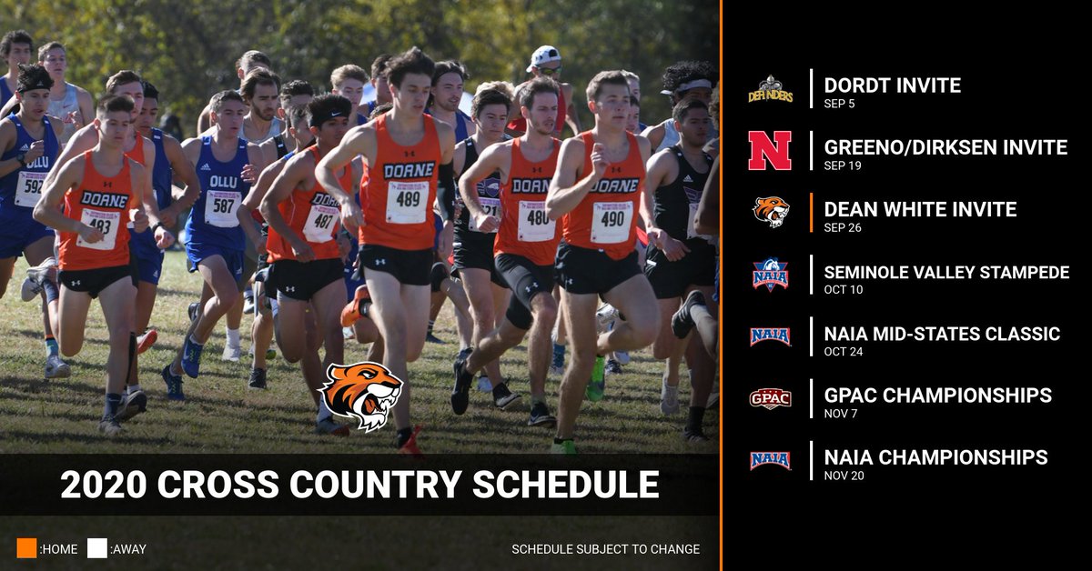 Here is a look at the #DoaneXC schedule for 2020! The men look to make a return trip to nationals with the women planning to join them!

#GoDoane