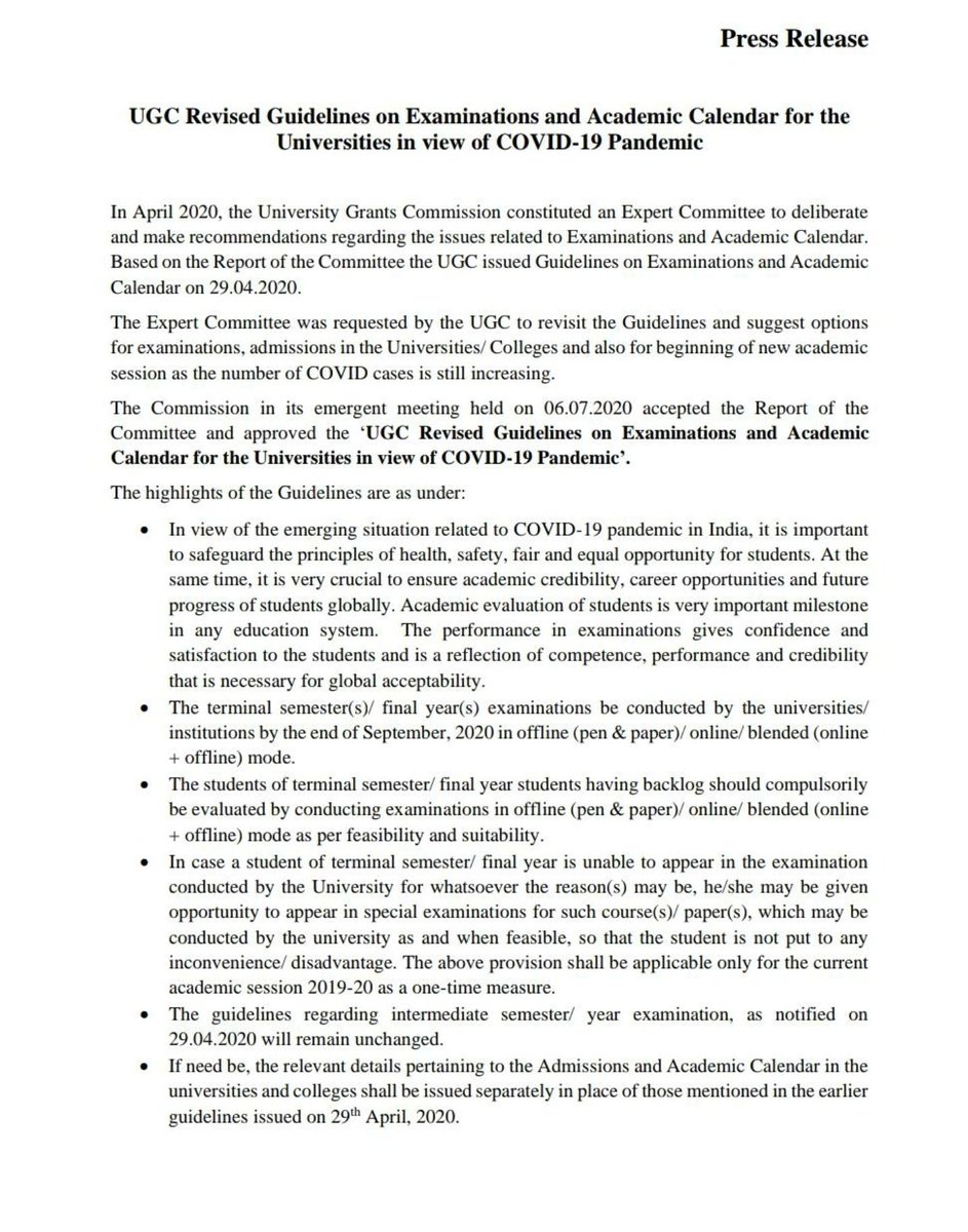 Dr. Ramesh Pokhriyal Nishank (@drrpnishank) on Twitter photo The UGC has revisited its earlier guidelines related to university examinations.
In view of the safety, career progression and placements of the students and their larger interests, after consulting <a href="/HMOIndia/">गृहमंत्री कार्यालय, HMO India</a> and <a href="/MoHFW_INDIA/">Ministry of Health</a>, it has been decided that The UGC has revisited its earlier guidelines related to university examinations.
In view of the safety, career progression and placements of the students and their larger interests, after consulting <a href="/HMOIndia/">गृहमंत्री कार्यालय, HMO India</a> and <a href="/MoHFW_INDIA/">Ministry of Health</a>, it has been decided that