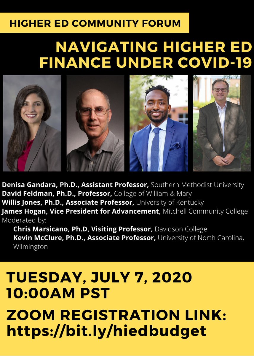 EriqFelix's tweet photo. The next #HIEDForum webinar focuses on Navigating #HigherEd Finance Under COVID19. Tomorrow, Tuesday, July 7th @ 10:00am PT. Featuring @GandaraDenisa @dhfeld1 @jamesdhogan &amp; Willis Jones. Mods: @ChrisMarsicano @kevinrmcclure. Register here: https://t.co/i7MfLCDpuq cc: @ASHEoffice https://t.co/bzwn5McEKp
