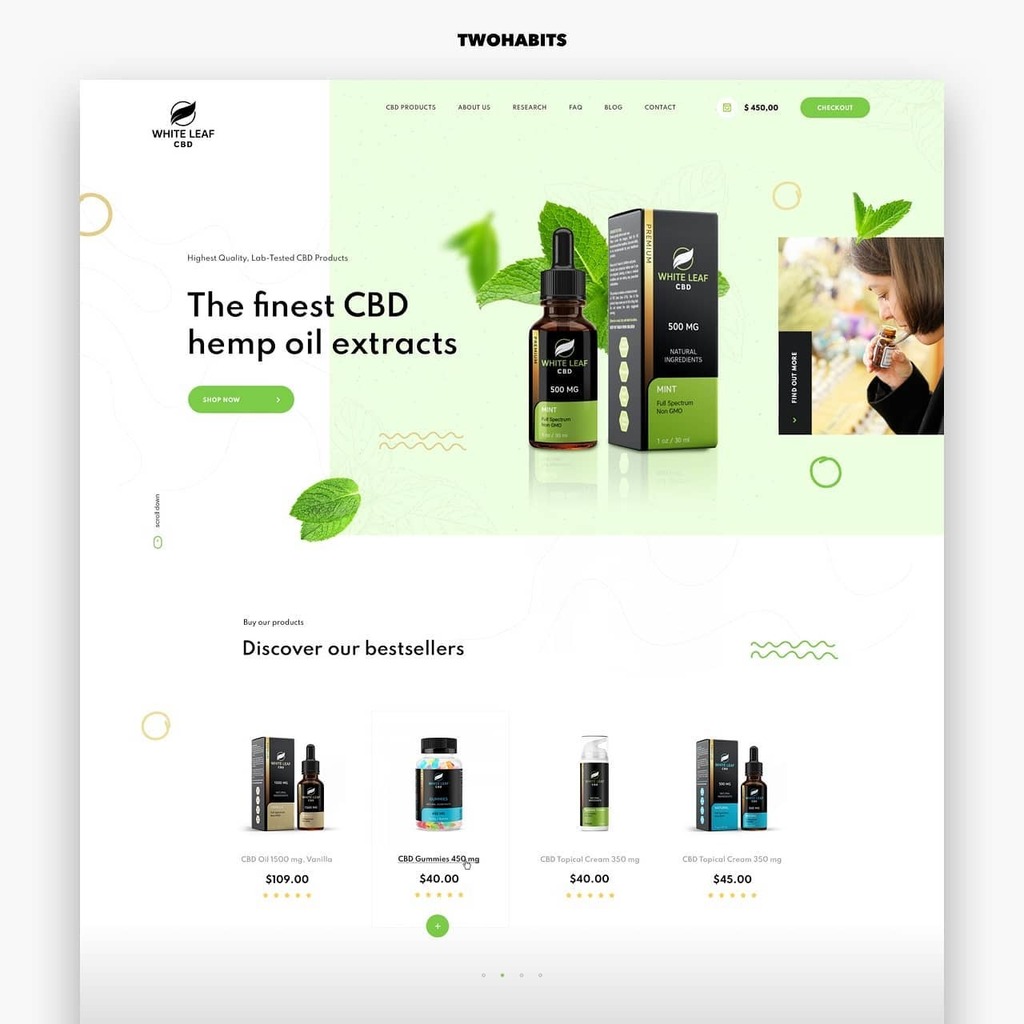 twohabits's tweet photo. White Leaf CBD by @netflayo for @seahawkmedia — The landing page concept for highest quality and lab-tested product. The finest CBD hemp oil extracts / Daily inspiration, follow us and get inspired. #designers #website #дизайнер #ui #ux #behance #webdesigner #dribbble #uides… https://t.co/e3OM9LOaDM