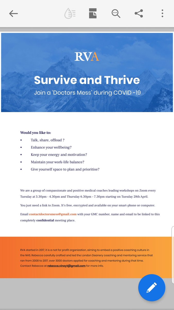 DrsMess's tweet photo. An opportunity to re-energise with us tomorrow in our small group session @DrsMess 15.30-16.30
A chance to share and offload. 
Please register with your GMC number before 13.00: contactdoctorsmess@gmail.com 
#ItsGoodToTalk 
#SurviveAndThrive 
@VineyRebecca @PhilippaCockman https://t.co/8NCbyAklYL