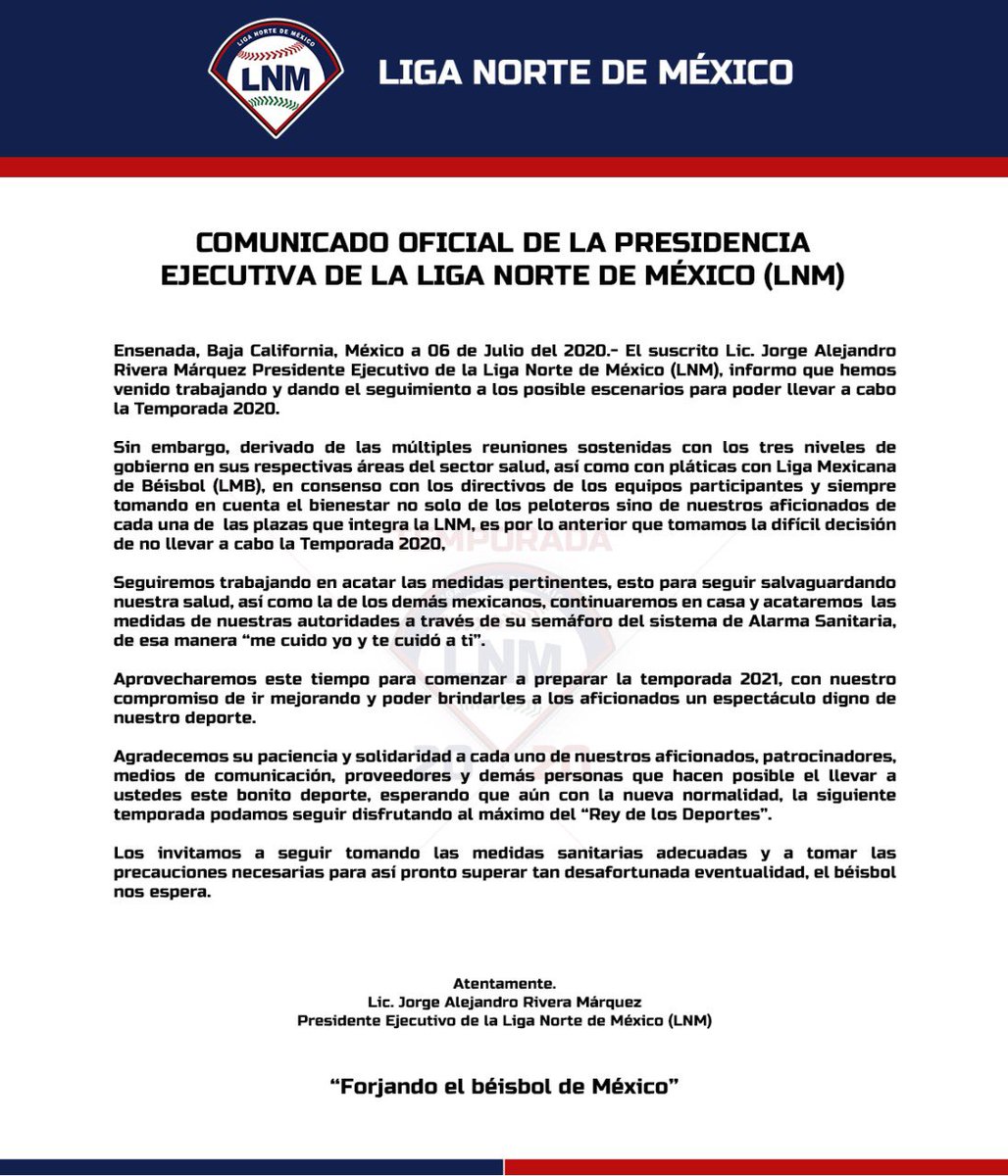 #comunicadooficial

Todos los equipos que conforman la liga, así como su directiva encabezada por el Lic. Jorge Rivera, toman la decisión de no llevar acabo esta temporada 2020.

Seguiremos trabajando para forjar la liga y fortalecer sus plazas en la próxima campaña 2021