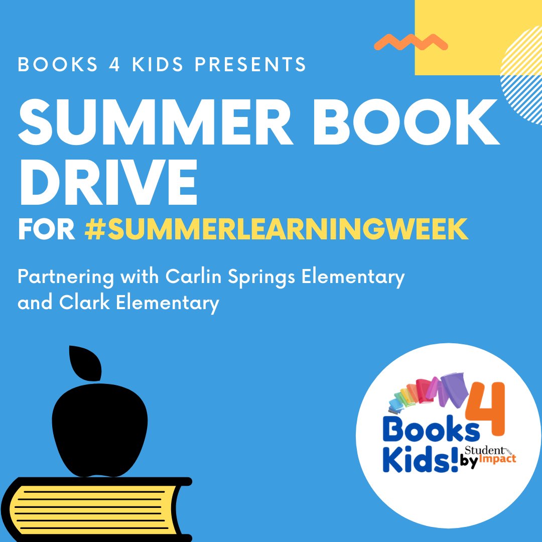 StudentImpactNP's tweet photo. Student Impact is teaming up with Carlin Springs Elementary and Clark Elementary to host book drives that will provide elementary students with free books! For #summerlearningweek we are finding new ways for students to continue to learn over the summer amidst COVID-19 https://t.co/HhW3v6W5CX