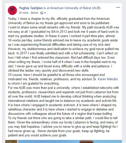 yeghig's tweet photo. So a chapter is closed. Here are my small remarks to my friends. Never give up, fight and you would achieve your goals. #AUBgraduate @AUB_Lebanon #PPIA https://t.co/KPmEIhzH3n