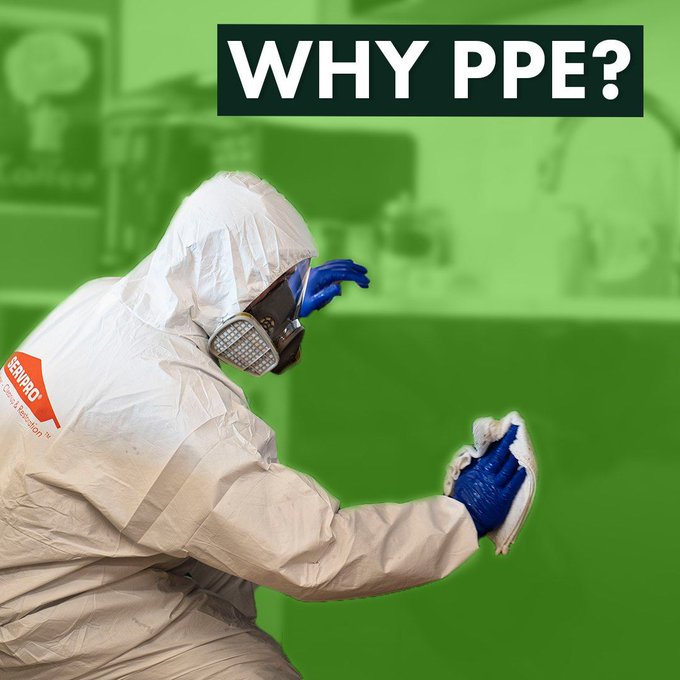 PPE helps to:
-Protect workers from threat of viral pathogens in area
-Protect area from potential contamination by our workers
-Protect from harmful contaminants in water or particulates in the air during our fire restoration &amp; water mitigation work
#SERVPRO #Springfield #PPE