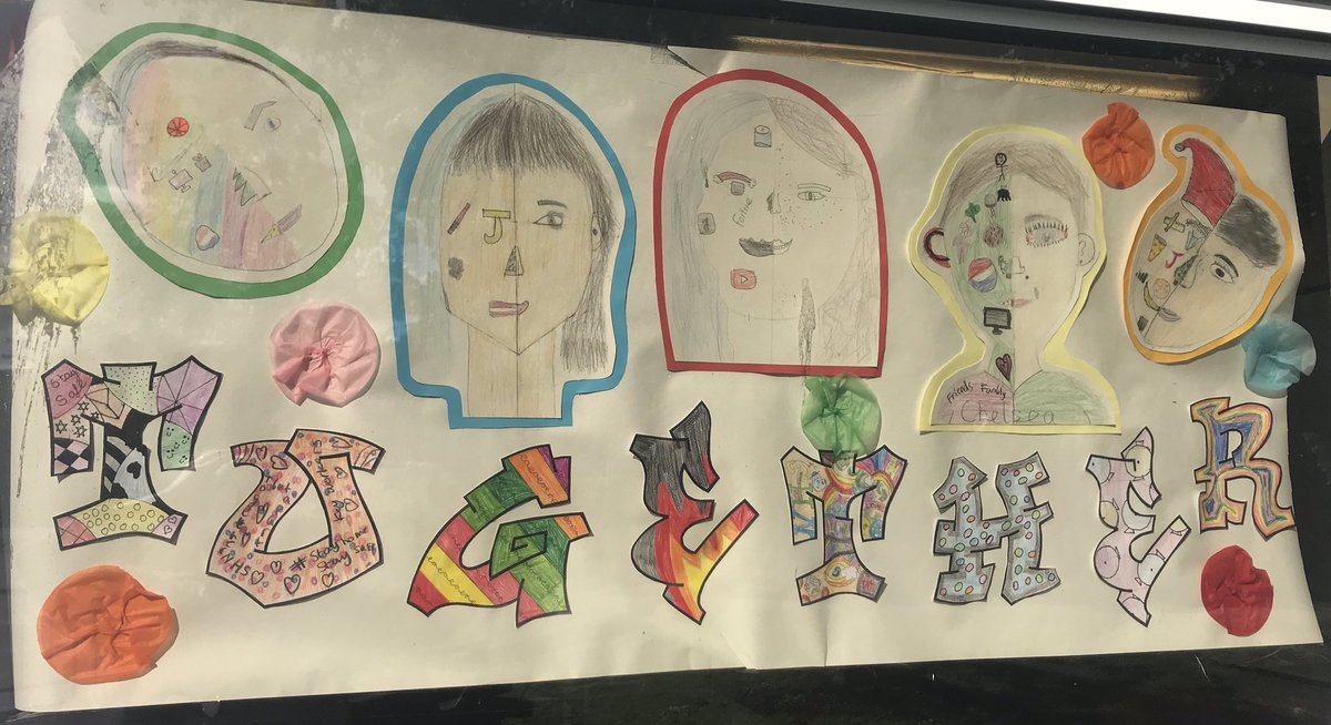 stmarysglossop's tweet photo. Our two #year6 bubbles have created a joint art piece for their classroom windows that reads #NotTogetherButTogether. Their portraits are based on their class novel #Wonder showing icons that represent their individual hobbies, character and personality. #Acceptance @RJPalacio https://t.co/8djcL3qXw1