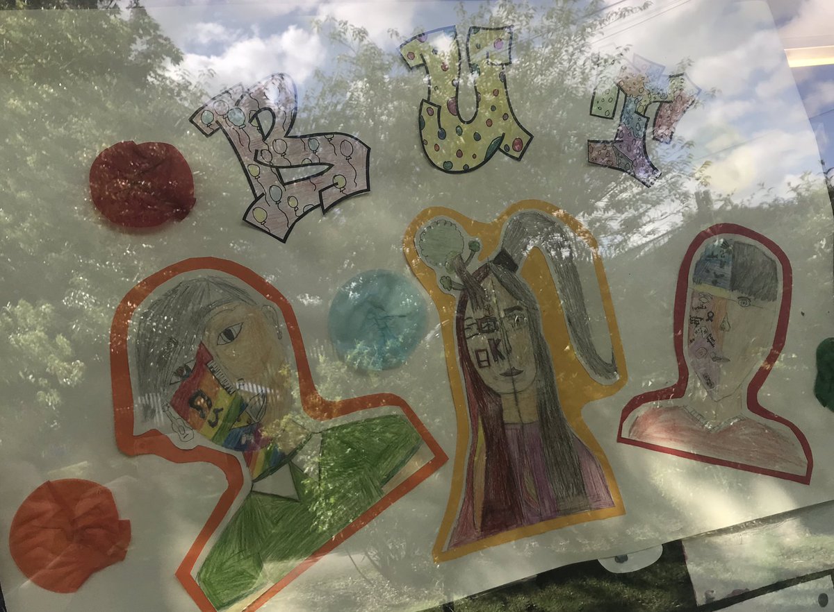 stmarysglossop's tweet photo. Our two #year6 bubbles have created a joint art piece for their classroom windows that reads #NotTogetherButTogether. Their portraits are based on their class novel #Wonder showing icons that represent their individual hobbies, character and personality. #Acceptance @RJPalacio https://t.co/8djcL3qXw1