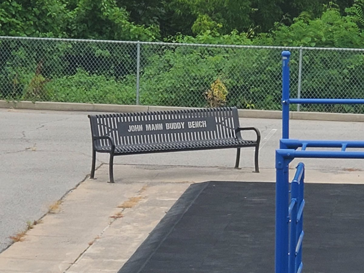 elementary_east's tweet photo. Miss this guy every day.  He was such a positive force for East School. So glad students will benefit from the Buddy Bench bearing his name for years to come. #jcstrongertogether https://t.co/b4fnF0uMEP